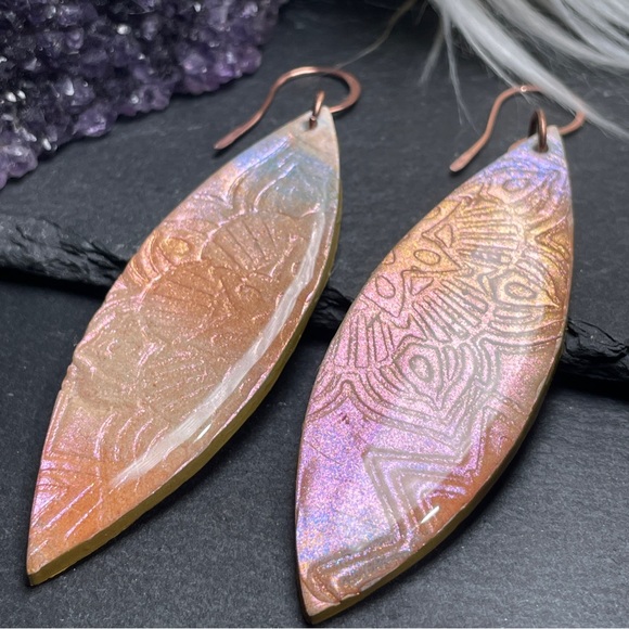 Hand Crafted Jewelry - Pink and Orange Sunset Tribal Painted
Surfboard Boho Earrings
